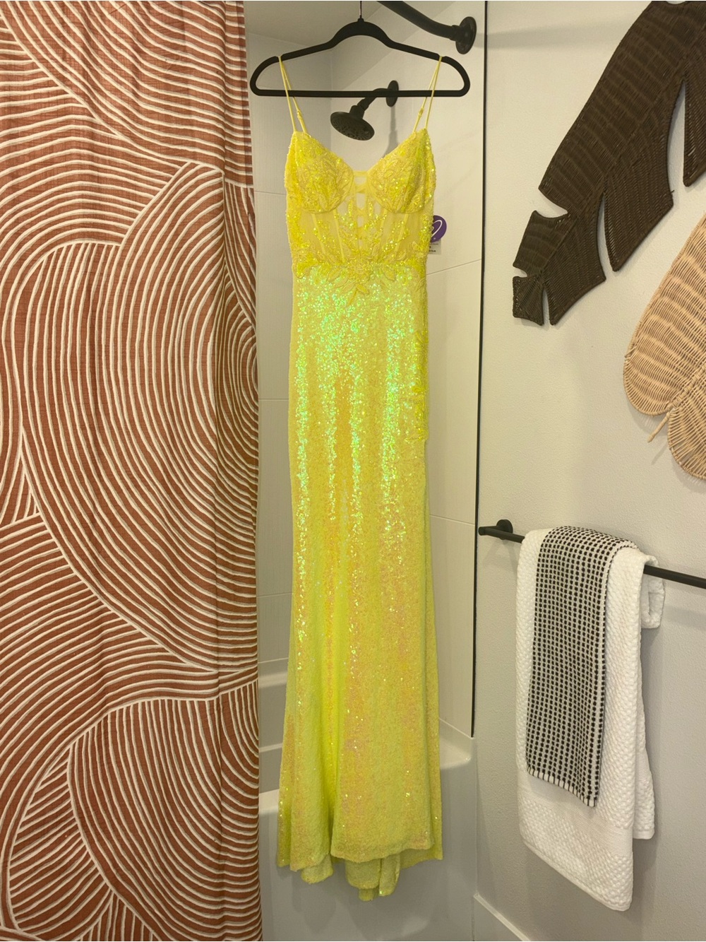 Yellow Sequin Evening Gown - Sleeveless Spaghetti Strap